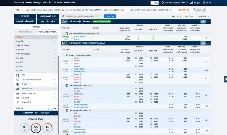 Giao diện đặt kèo cá cược Thể Thao Điện Tử Loto188